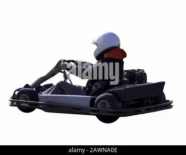 Go cart Racer mit einem Helm isoliert auf einem weißen Hintergrund Stockfoto