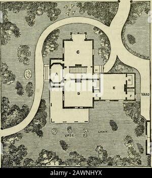 Der Hortikulturist und Journal der ländlichen Kunst und des ländlichen Geschmacks. Design für Suburban Cottage. Ilan von Grotmds und Erste Etage. 230 ^^^ ^^ ^^y ^^^ Cottage Grounds. Dorn, umgeben von einer weißen persischen Lila, einer Rose Weigela, einem Peterskranz und einem afrarant Currant. Darüber hinaus, und in der Nähe des Zauns, ist ein weiteres Exemplar des ScotchLarch, und ein wenig darüber hinaus, ein Ahorn oder Tulip, oder ein anderer Laubbaum von anmutiger Form. In der Ecke könnten wir zuerst einen venetianischen Sumac oder einen Fringe Tree haben - erwünscht aufgrund seiner leuchtenden gelben Blumen - und in der Nähe davon eine oder zwei Pflanzen des persischen Li Stockfoto