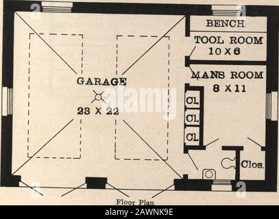 Radfords Garagen und wie man sie baut. . Design Nr. G-100 Größe: Breite, 36 Fuß; Länge, 25 Fuß. Blaue Drucke bestehen aus Grundriss, Vorder-, Rückseite, zwei seitlichen Gelen, Wandabschnitten und allen notwendigen Details. Besonderheiten sind Schreibmaschinen und enthalten alle Informationen, die für den ordnungsgemäßen Bau des Gebäudes erforderlich sind. Preis für Blue Prints, zusammen mit einem Satz von Schreibmaschinenbestellungen, NUR 6^2 US-Dollar, Versenden Wir Pläne und Spezifikationen am selben Tag wird die Bestellung wieder zurückgeschickt. Künstlerische Gestaltung für private Garage aus Stein mit Unterbringung für zwei Maschinen. Geschätzte Kosten Stockfoto