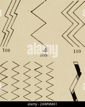 Jahresbericht des Büros für amerikanische Völkerkunde an den Sekretär der Smithsonian Institution . , Blitz. 131. Schlangen- und Schlangenbahn (selten), Caterpillar. 132. Schlangenbahn. 133. Berg, Zickzack, Halskette. 134. Berg, Zickzack, Halskette, Caterpillar. Der CHEVRON-WINKEL. 135. Schmetterling, Flügel, Pfeilpunkt, 13G. Schmetterlingsflügel. Schmetterling. 137. Halskette, Schmetterling (selten), Kaputt oder Hi-nt Mitte. 138. Winkel, Pfeilpunkt. 139. 140. Pfeilpunkt. 141. Pfeilspitze (gehäuft oder überlappend). 142. Pfeilspitze. 143. Pfeilspitze. 144. Baum, Tannenzweig. Verzweigung. 145. Baum, Tannenzweig. 146. Wellen (eine Tur Stockfoto