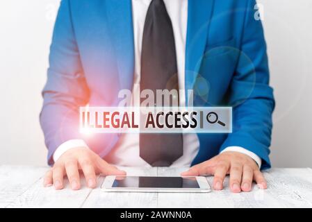 Textzeichen mit Unzulässiger Zugriffsberechtigung. Geschäftsfoto, auf dem mit einem Kennwort ohne Zustimmung des Geschäftsmannes in blauer Suite mit einem Krawatte angezeigt wird Stockfoto