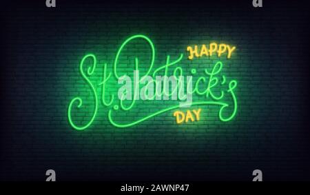 Saint Patrick's Day Neon. Fröhlicher St. Patrick's Day Schriftzug leuchtend grünes Schild. Patricks Tag irischer Urlaub Stock Vektor