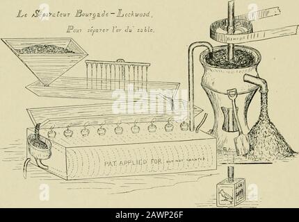 Inbegriff: Jahrbuch von 1891 d. Die Unterscheidungsmerkmale in der Empfehlung dieses Goldtrenners sind die Bequemlichkeit der Manipulation, die Wirtschaftlichkeit des Laufens und die einfache Konstruktion. Arbeitsanweisungen. - Legen Sie Sand mit Gold in den Trichter. Im Firsttrog wird es durch feine Sprays aus konzentriertem Emulsionsalkohol und Quecksilber, die von Jets ausgegeben werden, auf Flüssigkeit reduziert. Sie wird in der zweiten Mulde durch Alkohollampen erhitzt, die Hg abfahren. (Holztröge werden erneuert, wenn sie ausgebrannt sind.) Die Masse wird dann durch Spulen im Kaltbad geleitet, wobei die Schwerkraft zum richtigen Separator wird, was 111.332.47 Umdrehungen pro Sekunde ergibt Stockfoto