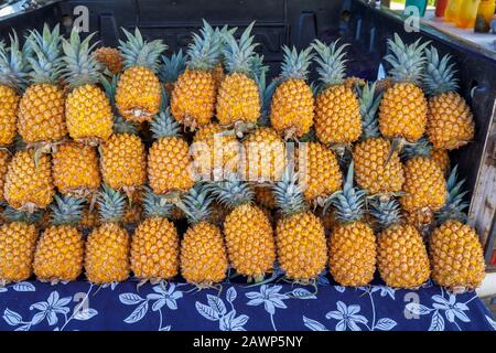 Ananas zum Verkauf in einem Lastwagen am Anakena Beach im Rapa Nui National Park an der Nordküste der Osterinsel (Rapa Nui), Chile Stockfoto