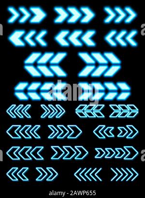 Neon-Pfeile auf schwarzem Hintergrund. Symbol für die Lichtrichtung der retro-elektrischen Lampe. Beleuchteter, leuchtender Zeiger. Nachtdekoration Flyer Bar Banner g Stock Vektor
