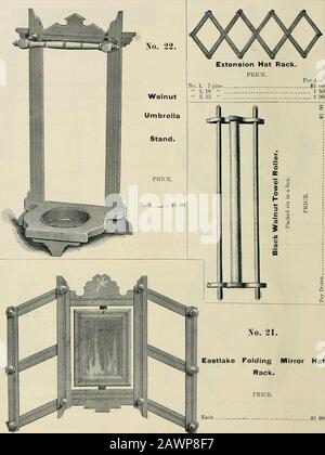 Formteile, Spiegel, Bilder und Rahmen. . Klappbares Mirror Hut-Rack. Aus Dicker Walnuss. HasNinePins. Größe, wenn erweitert, 26 x 23 Zoll. PREIS PRO STÜCK - 10 75 IIG GEO. M LEE S CO., CHICAGO. L Eastlake Folding Mirror HatRack. PREIS. Jeweils 1 00 USD GEO. M. LEE S- CO., CHICAGO. 117 Stockfoto