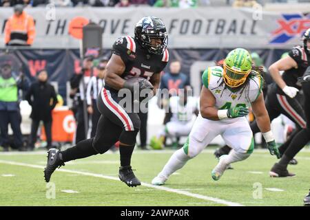 East Rutherford, New Jersey, USA. Februar 2020. Justin Stockton (23) von den New York Guardians trägt den Ball während eines Spiels gegen die Tampa Bay Vipers im MetLife Stadium am 09. Februar 2020 in East Rutherford, New Jersey. Gregory Vasil/Cal Sport Media/Alamy Live News Stockfoto