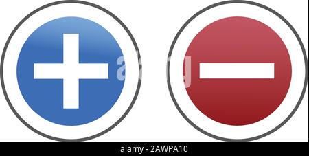 Hinzufügen von runden Schaltflächen zum Löschen, Plus- und Minuszeichen. Darstellung des Stock-Vektors auf weißem Hintergrund isoliert. Stock Vektor