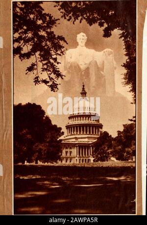 Statuen des Abraham Lincoln Memorial . Dieses Bild, aufgenommen von William R. Wilson, von Ames, la., gewann den zweiten Preis in einem kürzlich von einem nationalen Foto-Grafikmagazin ausgegebenen Wettbewerb. Mit dem Titel "Malice Toward None" wurde das Bild gemacht, indem man ein negativ der Abraham Lincoln Gedenkstatue in Washington, D. C, über ein negativ des Nationalkapitol-Gebäudes überstieg und beide gleichzeitig druckte. V.6 • y P &lt;?(L. Stockfoto