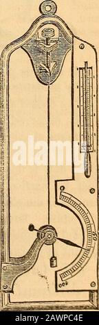 Wells' Prinzipien und Anwendungen der Chemie; . dieses Prins-ciple. Wenn wir ein langes Stück Katgut gegen eine Wand befestigen und das Gewicht bis zum Ende anhängen, wird beobachtet, wie die Luft feucht oder trocken wird, um sich in der Länge zu verändern. Und durch Markinga-Skala werden die beiden Extremitäten durch die Beobachtung bestimmt, wenn die Luft sehr trocken ist, und wenn sie mit Feuchtigkeit gesättigt ist, wird sie leicht zu messen sein. J   i 143. Hair Hygrometer.-Ein Gerät, das das Hygrometer Mit Den Haaren gekalbt hat, ist nach diesem Prinzip überhastet. Es besteht aus einem menschlichen Haar, das an einer Extremität befestigt ist, an der die Haarcreme befestigt ist (siehe Stockfoto