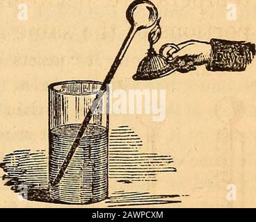 Wells' Prinzipien und Anwendungen der Chemie; . s das Prinzip der Konstruktion des Luftthermometers. Abb. 31 steht für ein mit einer Skala gefülltes Luftthermometer, das von seinem Erfinder als Thermometer von Sanctorius bezeichnet wird. Abb. 3 JAHRE 127. Wasserthermometer .-Bei abgesenkter Temperatureise sinkt das Quecksilber in Fahrenhits Thermometer allmählich ab, bis es einen Punkt 39 Grad unter Null erreicht, wo es gefriert. Quecksilber kann daher nicht zur Messung der Kälte einer großen Stärke zur Verfügung gestellt werden. Diese Schwierigkeit wird jedoch durch die Verwendung eines Thermo-Geters mit rotem Alkohol, wie es ist, vermieden Stockfoto