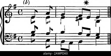 Harmonie, seine Theorie und Praxis . J. S, Bach. Gieb dich zufrieden.. El. 247. In Ex. 246 der Grundton des Schlussakkordes wird im Thetreble und in Ex erwartet. 247, sowohl Root als auch Third werden erwartet.In Ex. 193 wir sehen in der Schlusskadenz die Vorwegnahme des klanglichen Akkordes. Es ist in Kadenzen wie dem These  LW AT  , dass Vorwegnahmen am häufigsten zu sehen sind; aber sie werden auch auf andere Weise eingesetzt: - z. B. J. S. Bach. Partita. Z. B. 248. D: I V I^ vn   U Vji 1 Ic V Hier haben wir die Wurzeln markiert, um die Punkte zu zeigen, an denen sich die Harmonie ändert; das A über den Noten der Melodie Stockfoto