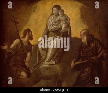 Anhänger von Paolo Veronese - Jungfrau und Kind mit den Heiligen Johannes der Täufer und Anthony Abbot Stockfoto