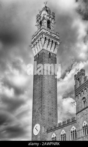 Mit Blick auf den mittelalterlichen Turm Torre del Mangia, der sich auf der Piazza del Campo befindet, ist er eines der Wahrzeichen von Siena, Italien Stockfoto