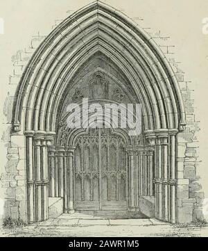 Ein Versuch, die Baustile in England zu diskriminieren, von der Eroberung bis zur Reformation: Mit einer Skizze der griechischen und römischen Orden . ein anderes gutes Beispiel.] Frühe englische Porches. Von diesen, die im Allgemeinen größer sind als die Normannen, wird es ausreichen, zwei zu erwähnen: Die eine die Nordvorhalle der Kathedrale von Salisbury und die andere die Südvorhalle von Lincoln. Die erste ist an der Nordseite des Kirchenschiffs angebracht. 150 DER FRÜHE ENGLISCHE STIL, von dem er eine Abteilung einnimmt, die so hoch wie die Gänge steigt. Er besteht aus einem edlen, schlicht gewölbten Eingang, über dem zwei Personen stehen Stockfoto