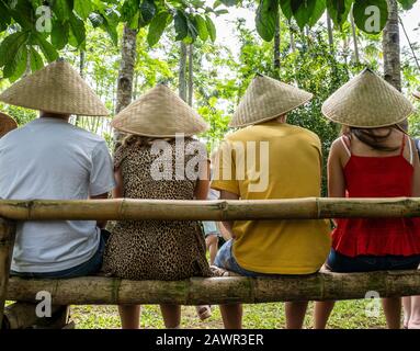 Menschen tragen asiatische konische Hüte, während sie auf einem Bambus sitzen Bank Stockfoto