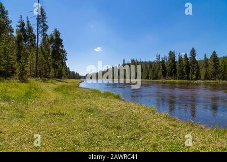 Yellowstone River Landschaft mit schönen Wald Reflexion im Yellowstone National Park Stockfoto