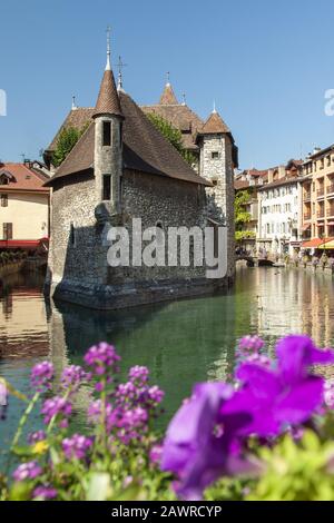 Vertikale Aufnahme des Palais de i'lle mit violetten Blumen im Vordergrund in Annecy, Frankreich Stockfoto