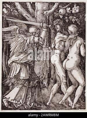 1510 : Die Kleine Passion. Die Vertreibung aus dem Paradies. Engroved von Albrecht Dürer (* 1471 in Engroved; † 1528), ADAM und EVE - RELIGIONE - DURER - ANGEL - ANGE Stockfoto