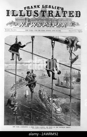 1883 , april , NEW YORK , USA : Eine großartige Arbeit erledigen - die Aufenthalte der Brooklyn Bridge verzurren. Gravierte Abbildung aus FRANK LESLIES ILLUS Stockfoto