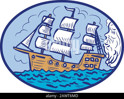 Zeichnung Skizze Stil Illustration von Boreas, dem griechischen gott des Nordwindes und der Bräter des Winters, wehend eine Galeone, hohes Segelschiff in ovaler Form Stock Vektor