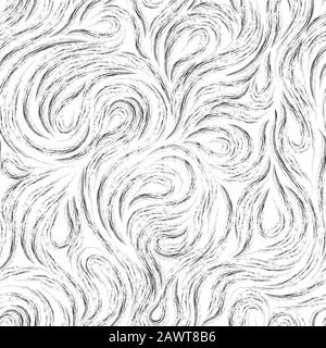 Nahtlose schwarze Vektortextur mit fließenden Linien oder Spritzern. Abstrakter Hintergrund von fließenden Wellen, die in Kreide oder Holzkohle auf einem Weiß isoliert sind Stock Vektor