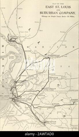 Die Handels- und Finanzchronik . Keine sinkenden Fonds, aber Anleihen werden von Int in Anspruch nehmen? T 110 und Zinsen nach 90 Tagen Kündigungsfrist. Dividenden.-5% pro Tag 9 werden vierteljährlich nach Vorzugsbetrag seit dem 1. Mai 1906 bis Einschließlich g ausgezahlt. 1 1908. Bericht.-Für das am 31. Dezember 1907 endende Jahr, brutto, 2.157.443 USD; 1.029.548 USD; feste Gebühren, A €... i:.s: Bevorzugte Dividende, 350.000 USD; Überschuss, 1 S ?. 1.1U0. 1006 brutto, 2.ill. USD l. m: Netto. 978.681 US-Dollar. Straße.-Fährt 181 Meilen von der Strecke. Einschließlich aller Linien In EastSt.Louis und Alton, einer zweigleisigen Straße von East St. Louis nach Belleville, einer eingleisigen Strecke Stockfoto