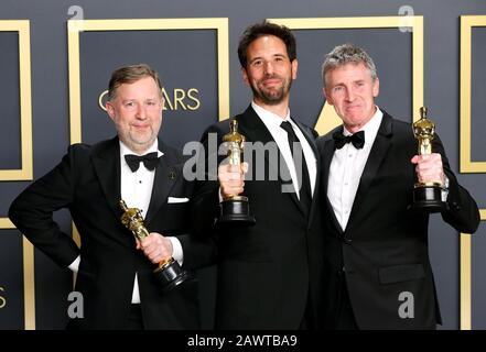 Hollywood, USA. Februar 2020. Hollywood, CA - 9. FEBRUAR: Dominic Tuohy, Guillaume Rocheron, Greg Butler posiert im Presseraum während der 92. Annual Academy Awards im Loews Hollywood Hotel am 9. Februar 2020 in Hollywood, Kalifornien. Foto: Christopher Victorio/imageSPACE Credit: Imagespace/Alamy Live News Stockfoto