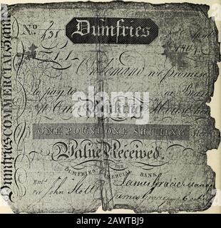 Der schottische Antiquar oder, Northern Notes & Queries . Fered, dass Gilbert Graham von Gartavertane jemals einen zweiten Sohn namens Gilbert hatte. Die einzige Verbindung mit den earls, die Thowriter (Mr Easton) belegt, dass Gilbert Graham von Leitchtown 1668 zum Ältesten der Kirche in Port of Menteith in Verbindung mit dem achten earl und seinem Onkel, Archibald Graham, ernannt wurde, was aber kaum einen Beweis der Propstei belocken kann. R. Barclay Allardice, VOL. XIII.-NR. L. 66 The Scottish Antiquary; OLD SCOTS BANK-NOTES. (Fortsetzung von S. 24.)The Dumfries Commercial Bank. Zeitgenössisch mit dem Belch B. Stockfoto