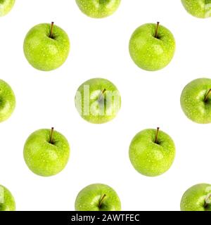 Nahtloses Muster aus frischen grünen Äpfeln Draufsicht isoliert, weißer Hintergrund, gruseliger smith apfel wiederholt Schmuck, schmackhafte saftige reife Früchte Hintergrund Stockfoto