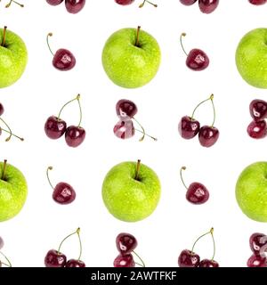 Nahtloses Muster frische grüne Äpfel, rote Kirschbeeren isoliert, weißer Hintergrund, apfel und süße Kirschen Beeren wiederholen Schmuck, Fruchttapete Stockfoto