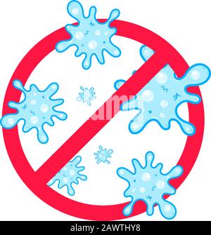 Stoppen Sie Viren und schlechte Bakterien oder Keimen prohobition unterzeichnen. Big Viren oder Edelsteine in die rote STOP-Verteidigung Kreis Flat Style Design Vector Illustration iso Stock Vektor