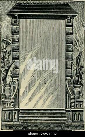 Formteile, Spiegel, Bilder und Rahmen. . Nr. 4213. Gehäuserahmen, Einfache, Weiche Frameon-Plüsch-Staffelei. Nickelornamente auf der Staffeloberseite. Bei der runden Öffnung wurden Pinzetten und andere Bilder verwendet. Preis. Jeweils 0 95 USD. Nr. 4247. Rahmen in Panelgröße, Gold und Enam-eled. Preis. Je 1 45 Stockfoto