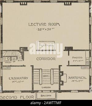 Verfahren zur Widmung des Hunt Memorial Building durch die Hartford Medical Society, 1. Februar 1898 . Im ersten Stock befindet sich eine große Eingangshalle, die mit einem gehauenen Steinmantel ausgestattet ist und das Siegel der Gesellschaft ausstellt, ein Ausschußraum auf der linken Seite, vierzehn Bysseventenstöße, mit rechts angeschlossenem wc-Raum, Alibrary und Lesesaal, der durch breite Foldingtüren in den allgemeinen Tagungsraum geöffnet ist. Das wiederum durch breite Türen in den Speisesaal öffnet. Die Therooms sind in kalifornischem Rotholz gefertigt und haben Hartholzböden. In jedem Zimmer befindet sich ein offener Kamin Stockfoto