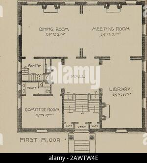 Verfahren zur Widmung des Hunt Memorial Building durch die Hartford Medical Society, 1. Februar 1898 . Im Erdgeschoss des Gebäudes befindet sich links vom Eingang ein Stapelraum zur Aufbewahrung von Büchern, rechts ein Büro- und Warteraum, der für Dispensierzwecke genutzt werden kann. Im hinteren Teil befinden sich die jani-tors Apartments, die aus Küche, Bad, Speisekammer, Wohnzimmer und zwei Schlafzimmern bestehen. Der Wohltäter des Kellers enthält die Kohle und andere Lagerräume, Heizgeräte-ües usw. 38 ANHANG. Im ersten Stock befindet sich eine große Eingangshalle, die mit einem gehauenen Steinmantel, exhi, orna-mentiert ist Stockfoto