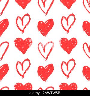 Nahtloses Muster mit handgezeichneten Herzen. Weißer Hintergrund und rot gestrichene Herzen. Drucken Sie aus Liebe, Hochzeit, Valentinstag oder einem anderen romantischen Design. Stock Vektor