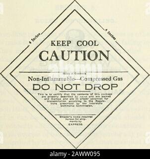 Vorschriften für den Transport von Sprengstoffen und anderen gefährlichen Gegenständen per Fracht und Express sowie als Gepäck, einschließlich der Spezifikationen für den Transport von Containern gemäß der Akte vom 4. März 1921, die für alle im innerstaatlichen oder ausländischen Handel beschäftigten gemeinsamen Fluggesellschaften verbindlich sind, Und für alle Versender, die über solche Spediteure durch landRev ab 1. Januar 1923 Sendungen machen. . ROTER AUFKLEBER FÜR BRENNBARE GASE. (REDUZIERTE GRÖSSE) I. GRÜNES ETIKETT FÜR NICHT ENTFLAMMBARE GASE (REDUZIERTE GRÖSSE) 66620 - 22 10 138 INTERSTATE COMMERCE COMMISSION. Stockfoto
