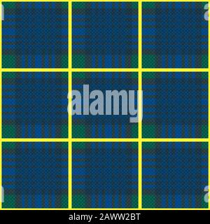 Nahtlose, karierte Farbtöne in gedämpften Grün-, Blau- und Grautönen mit leuchtend gelben Linien, Illustrationsmuster als Tartan-Plaid Stock Vektor