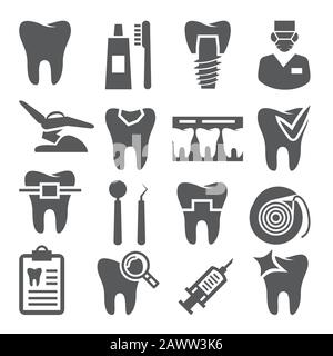 Dental-Symbole setzen auf weißem Hintergrund Stock Vektor
