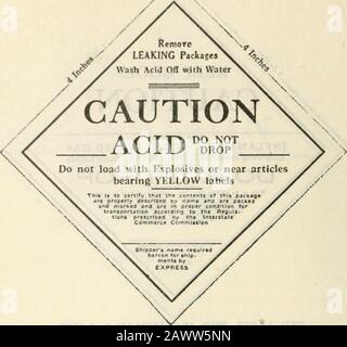 Vorschriften für den Transport von Sprengstoffen und anderen gefährlichen Gegenständen per Fracht und Express sowie als Gepäck, einschließlich der Spezifikationen für den Transport von Containern gemäß der Akte vom 4. März 1921, die für alle im innerstaatlichen oder ausländischen Handel beschäftigten gemeinsamen Fluggesellschaften verbindlich sind, Und für alle Versender, die über solche Spediteure durch landRev ab 1. Januar 1923 Sendungen machen. . GRÜNES LABEL FÜR NICHT ENTFLAMMBARE GASE (REDUZIERTE GRÖSSE) 64 INTERSTATE COMMERCE COMMISSION. WEISSES LABEL TOR ACIDS UND CORROSIVELIQUIDS. (REDUZIERTE GRÖSSE) Stockfoto