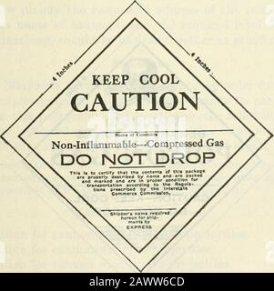 Vorschriften für den Transport von Sprengstoffen und anderen gefährlichen Gegenständen per Fracht und Express sowie als Gepäck, einschließlich der Spezifikationen für den Transport von Containern gemäß der Akte vom 4. März 1921, die für alle im innerstaatlichen oder ausländischen Handel beschäftigten gemeinsamen Fluggesellschaften verbindlich sind, Und für alle Versender, die über solche Spediteure durch landRev ab 1. Januar 1923 Sendungen machen. . ROTER AUFKLEBER FÜR BRENNBARE GASE. (REDUZIERTE GRÖSSE). GRÜNES LABEL FÜR NICHT ENTFLAMMBARE GASE (REDUZIERTE GRÖSSE) 64 INTERSTATE COMMERCE COMMISSION. Stockfoto