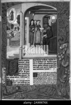 Vier Illustrationen des 15. Jahrhunderts leben täglich vom Text von Boethius, De consolatione philoshiae. Niederländisch und Latein. Gent, Arend de Kaysere, 3. Mai 1485 Stockfoto