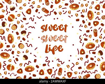 Pralinenherstellung frame von choco Bonbons auf weißem Hintergrund. Pralinenherstellung Banner, Ansicht von oben, flach mit dekorativen Elementen. Chocolats candy Stock Vektor