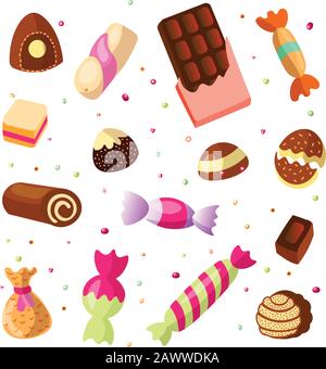 Süße cartoon Candy eingestellt. Sammlung von Süßigkeiten, Cartoon Stil. Gelee, Süßigkeiten, Kuchen, süße Krapfen und Marmelade. Riesige Menge von Cartoon doodle Form Bonbons Stock Vektor