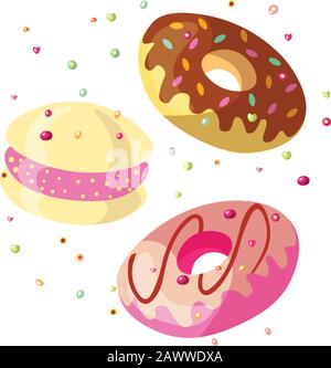 Set mit süßer Cartoon-Schokolade und Erdbeer-Donut-Illustration mit Glasur oben. Sammlung von Bonbons Donut mit Schokolade und Erdbeere Stock Vektor