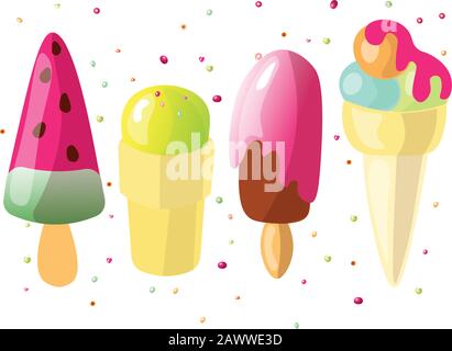 Set mit süßer, Cartoon-farbener Eiscreme-Kollektion. Eiscreme Set mit Wassermelone, Erdbeere und grünem Teeeis Sundae, Eiskegel mit Blase Stock Vektor