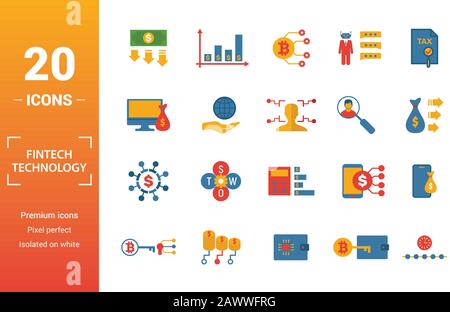 Fintech Technologie Icon Set. Kreative Elemente Grundeinkommen, bitcoin Technologie, online kredit, Kyc, Geschäftsmodell Symbole enthalten. Kann verwendet werden für Stock Vektor