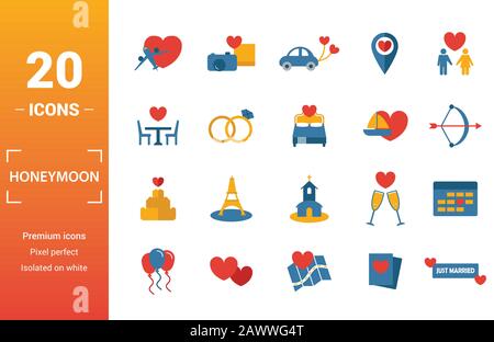 Hochzeitsreise Icon Set. Gehören kreative Elemente reisen, Just Married, Abendessen, Eber, Reise, Kuchen Symbole. Kann für Bericht, Präsentation, Diagramm verwendet werden, Web Stock Vektor