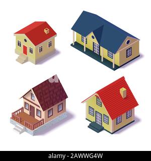 Isometrisches Landhaus einstellen. Das Plakat zum Verkauf von Immobilien, Bauwesen, Mietkonzept und Plakat. Vektorgrafiken Stock Vektor