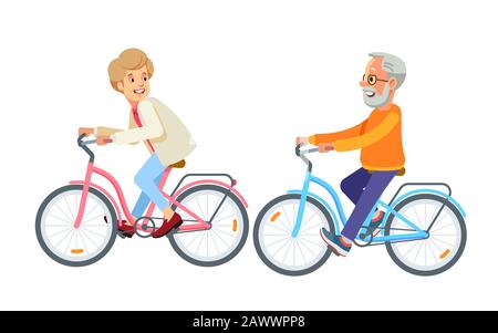 Fröhliches reifes Paar, das im Park zusammen radelt. Älteres Fahrrad fahren. Paar Reiträder. Großeltern auf dem Fahrrad. Radfahren, flach, Cartoon Stock Vektor